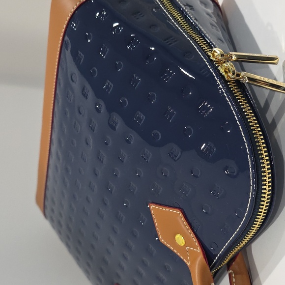 NWT ✅ ARCADIA Top Handles Patent Leather Dome Satchel BLUE / TAN +Dust Bag & COA - Picture 7 of 13